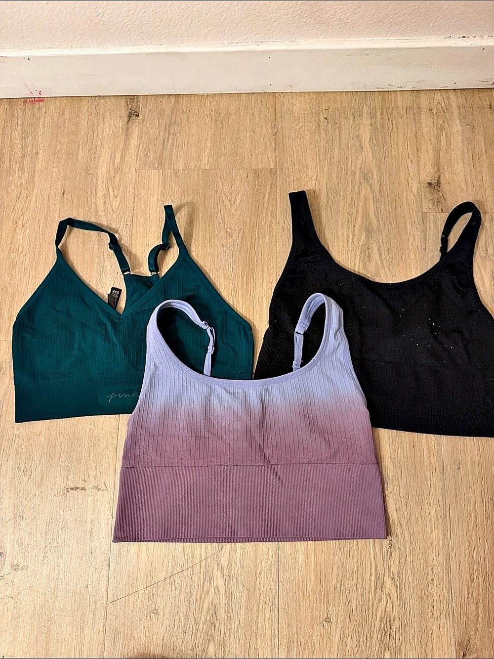 PINK Ribbed Sports Bras 3-Pack in Green & Black